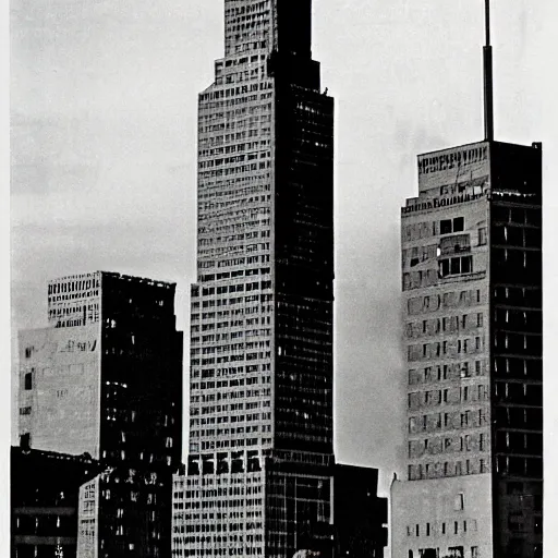 Image similar to albany skyline with godzilla attacking the corning tower, old movie