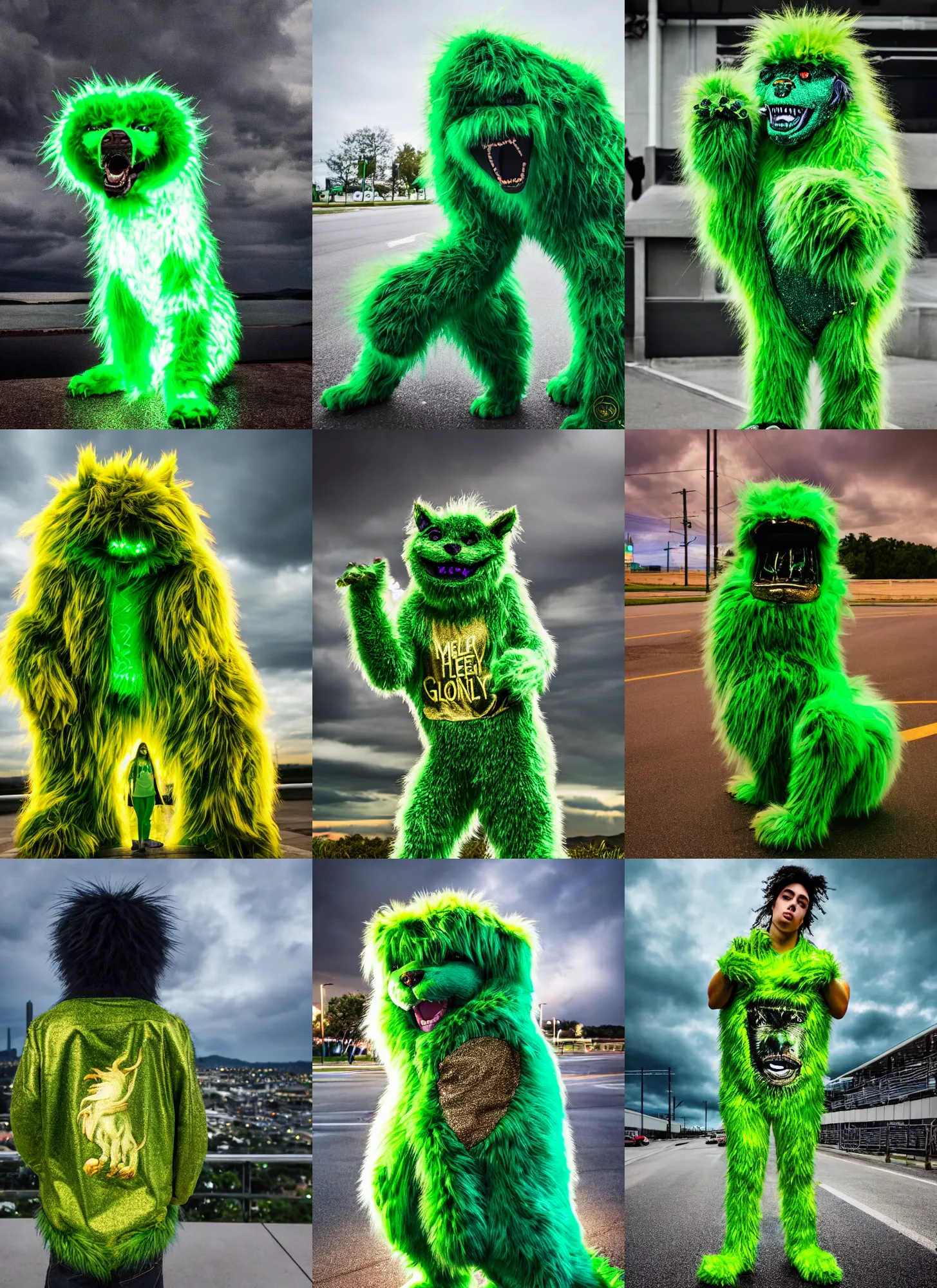 Prompt: hyperrealistic and heavy detailed glowing green furry gold monster wearing a billie eilish shirt, sony a 7 siii sigma 2 4 - 7 0 mm f / 2. 8, vivid color, high quality, high textured, real life, full body in shot, far distance, thunder storm