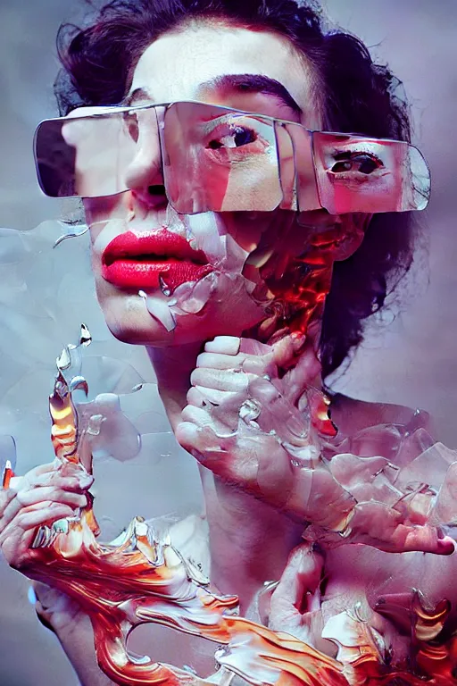 Prompt: 3 d, close - up, fashion model, flame, poster art, intricate oil painting, high detail, figurative art, multiple exposure, poster art, 3 d, by stanley kubrick and tooth wu and wlop and beeple