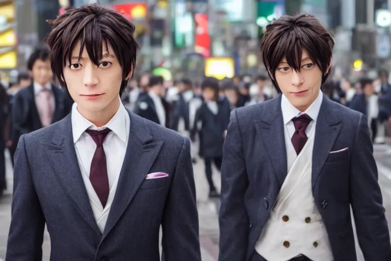 Prompt: close up photo of tamaki suoh from the live action adaptation of ouran highschool host club, shot on location at shibuya crossing, red weapon 8 k s 3 5, cooke anamorphic / i lenses, highly detailed, cinematic lighting