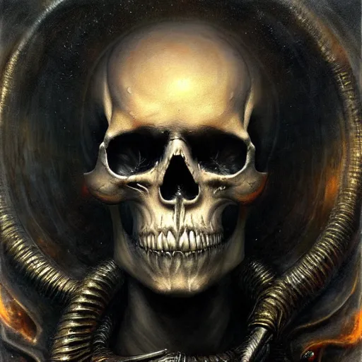 Prompt: fiery skull contemplating life, gracked, detailed, painted by raymond swanland, (((giger)))