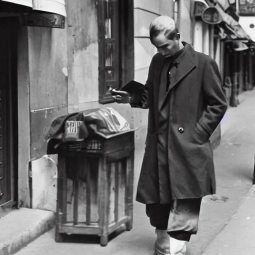 Prompt: man texting on his mobile phone while walking on the street, old 1940s photo, black and white, 60mm