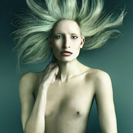 Prompt: a beatiful portrait of a woman with futuristic hair, cyperpunk, year 2 0 3 3, award - winning, hyperrealistic, intricate, elegant, by annie leibovitz
