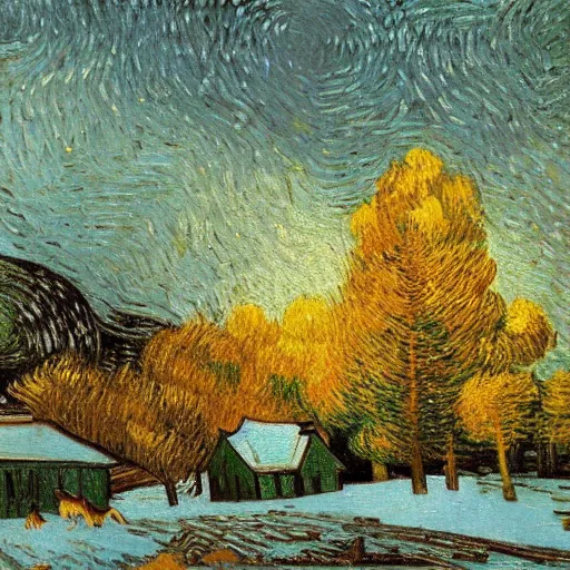Image similar to beautiful oil painting, snowy snow storm, woodland meadow, log cabin, smoke billowing from chimney, evening, light from window, water stream, water wheel, oak trees, pine trees, rabbits, squirrel, fox, mild breeze wind, falling snow, snow on trees and ground, mountain in background, high detailed, by van gogh