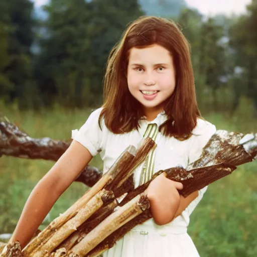 Prompt: a middle-school girl with short brown hair wearing a white dress and holding a bundle of firewood, high resolution film still