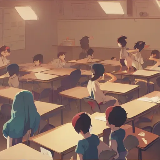 Prompt: motivated pupils a classroom ( students are raising their hand ), detailed, cory loftis, james gilleard, atey ghailan, makoto shinkai, goro fujita, studio ghibli, rim light, exquisite lighting, clear focus, very coherent, plain background