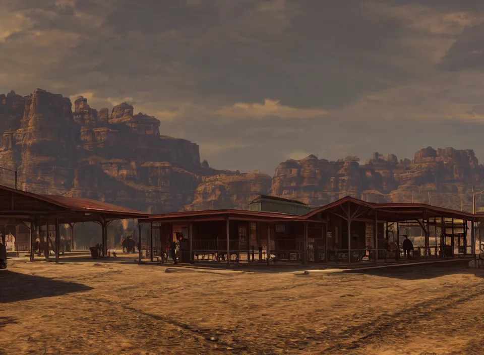 Image similar to a train station as red dead redemption 2 concept art, historical setting, desert environment, serene lighting, atmospheric, cinematic, gorgeous, in the style of diego koi, gina heyer, luiz escanuela, art by alyssa monk, hyperrealism, rule of thirds, golden ratio, oil on canvas, 8 k