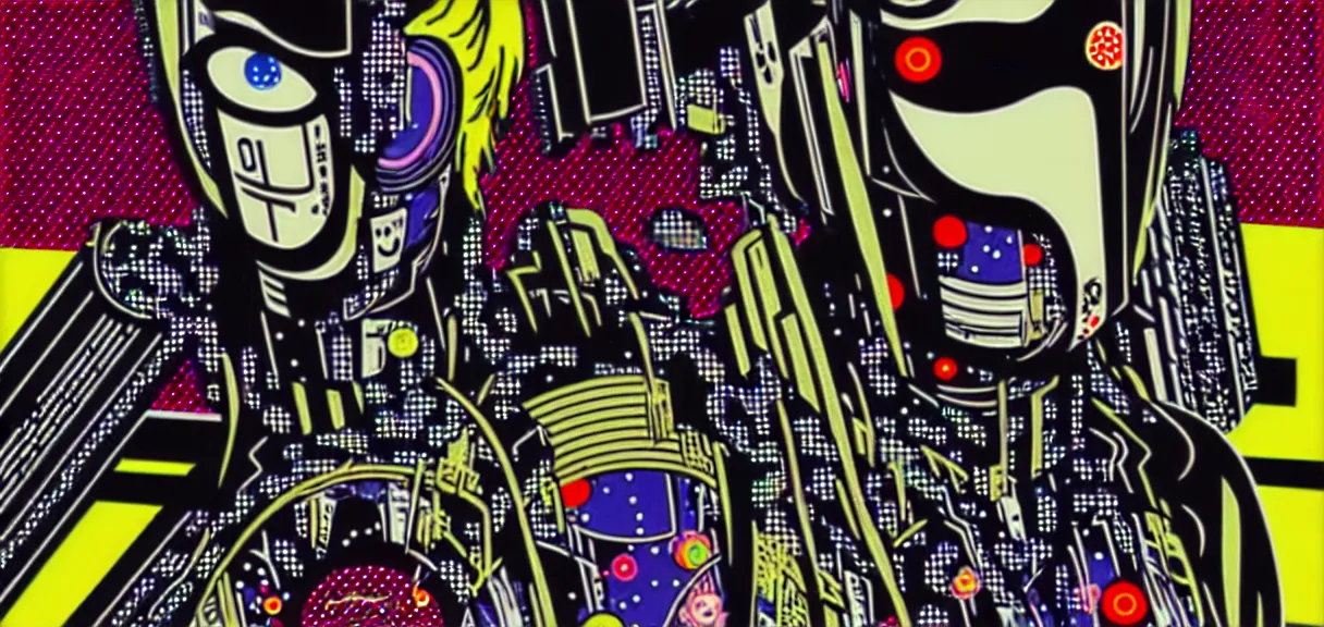 Image similar to ⚠ 👽 💉 ☠ 💢 😱 futuristic japanese cyberpunk by roy lichtenstein, by andy warhol, ben - day dots, pop art, bladerunner, pixiv contest winner, cyberpunk style, cyberpunk color scheme, mechanical, high resolution, hd, intricate detail, fine detail, 8 k