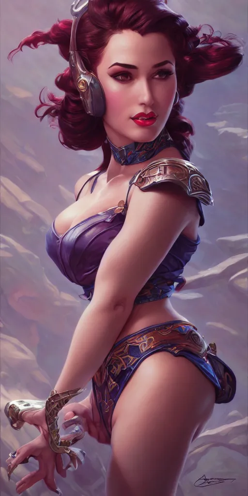 Image similar to Razane Jammal, pinup, league of legends, intricate, highly detailed, digital painting, hyperrealistic, artstation, concept art, smooth, sharp focus, illustration, Unreal Engine 5, 8K, art by artgerm and greg rutkowski and alphonse mucha, by Jesper Ejsing