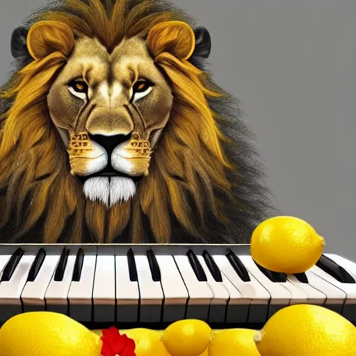 Image similar to a realistic looking lion wearing glases and holding a piano keyboard, surrounded by lemons and a red flower, dark grey background, studio lights, unreal engine render,