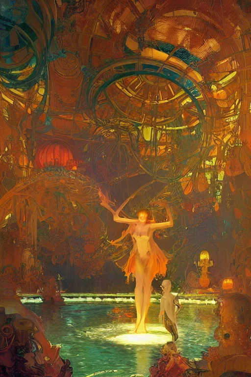 Prompt: Concept Digital Art Highly detailed Alien Art Deco Cybertron lazy river inside of the Vosian Opera with glowing orange water at midnight by greg rutkowski, Ilya repin, alphonse mucha, and Edmund Blair Leighton. Very highly detailed 8K, octane, Digital painting, the golden ratio, rational painting, sharp