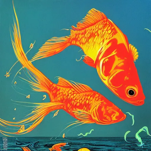 Prompt: goldfish tearing the fabric of reality by gerald brom and andy warhol