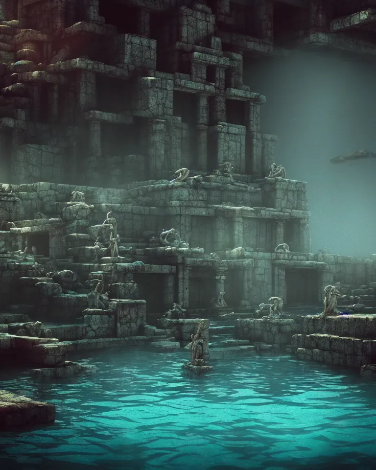 Prompt: full color, low wide shot of submerged pre - incan temple, underwater, statues, anime style mixed with fujifilm, dark, foggy, atmospheric, artstation, cgsociety, octane render, cgi, unreal engine 5, denoise, detailed, cinematic masterpiece