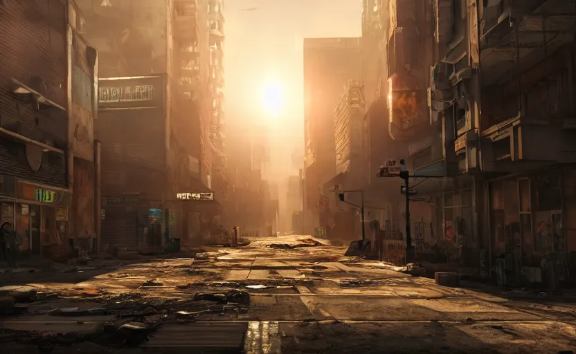 Prompt: photorealistic post - apocalyptic cyberpunk city streets. daylight. sunlight. lens flare. light fixtures. 8 k. detailed. photorealism. artstation. 2 5 mm f 1. 7