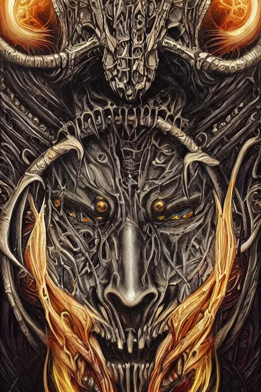 Image similar to Elden Ring and Doom themed painting of majestic chromatic biomechanical anatomical hybrid satanic goat symmetrical neutral mask closeup face tattoo pattern golden ratio concept, Neo-Gothic concept, infinity glyph waves, intricate artwork masterpiece, very coherent artwork, cinematic, full frontal facial features by Artgerm, art by H.R. Giger, Joseph Michael Linsner, Zdizslaw Beksinski, Johnatan Wayshak, Moebius, Ayami Kojima, very anatomically coherent artwork, trending on cgsociety, ultra high quality model, production quality cinema model, high detail chromatic ink outline, octane render, unreal engine 8k, hyper realism, high detail, octane render, unreal engine, 8k, High contrast