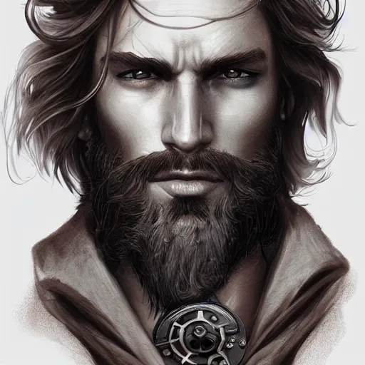 Prompt: rugged ship captain, male, handsome, red hair, long hair, handsome, fantasy, intricate, elegant, highly detailed, piercing eyes, steampunk, digital painting, artstation, concept art, character art, smooth, sharp focus, illustration, art by artgerm