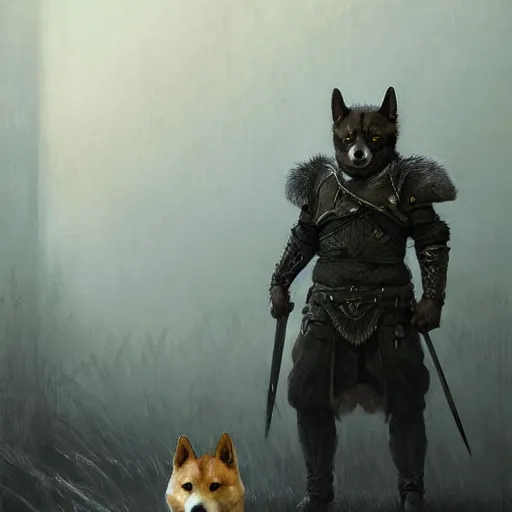 Prompt: skyrim ebony armor, realistic anthropomorphic shiba inu, fantasy, ebony armor glowing aura, by donato giancola and greg rutkowski and wayne barlow and zdzisław beksinski, realistic face, visible face, digital art, artstation, symmetry