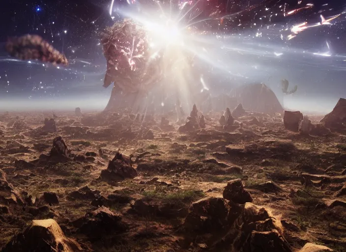 Prompt: a photo of giant interdimensional fractal creatures falling from the sky in the distance, a vast landscape, dust particles, natural lighting, awe inspiring, wide angle, cinematographic, subtle lens flare