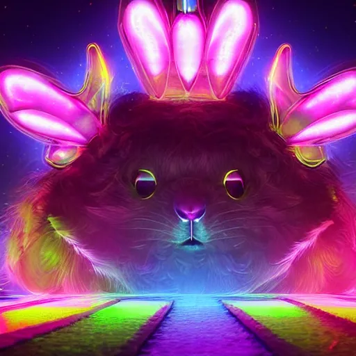 Image similar to neon fluorescent, iridescent cute bunny rabbits with fairy wings cyperpunk 2 0 7 7, unreal engine 5, 8 k ultra realistic, hyperdetailed, volumetric lighting, extremely high quality, vector art, illustration by frank frazetta