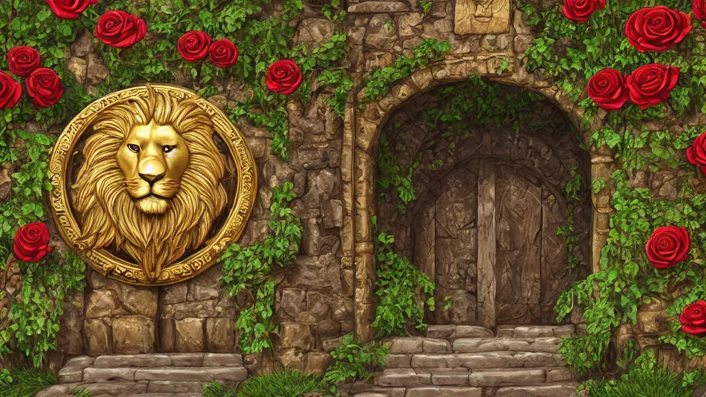 Prompt: A giant medieval fantasy gate with an gold carved lion face at the center in the middle of a beautiful fantasy landscape, vines with thorns around the gate, roses and all kinds of flowers, vivid vegetation, pastel color tones, clear clean, HD, illustration, epic, fantasy, intricate, elegant, highly detailed, digital painting, artstation, concept art, smooth, wallpaper, digital 2D, painterly style, high contrast, golden ratio, rule of thirds, Studio Ghibli, art by artgerm and greg rutkowski and alphonse mucha and jin xiaodi