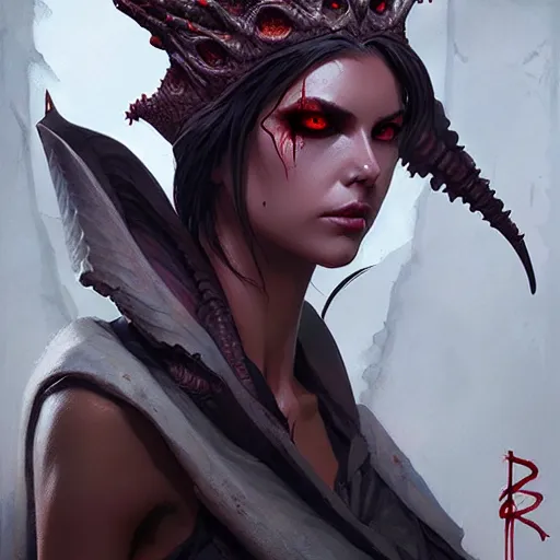 Prompt: lizard priestess, bloody eyes, by greg rutkowski and artgerm, very detailed, sharp focus, magic the gathering, 8 k, intricate, dramatic