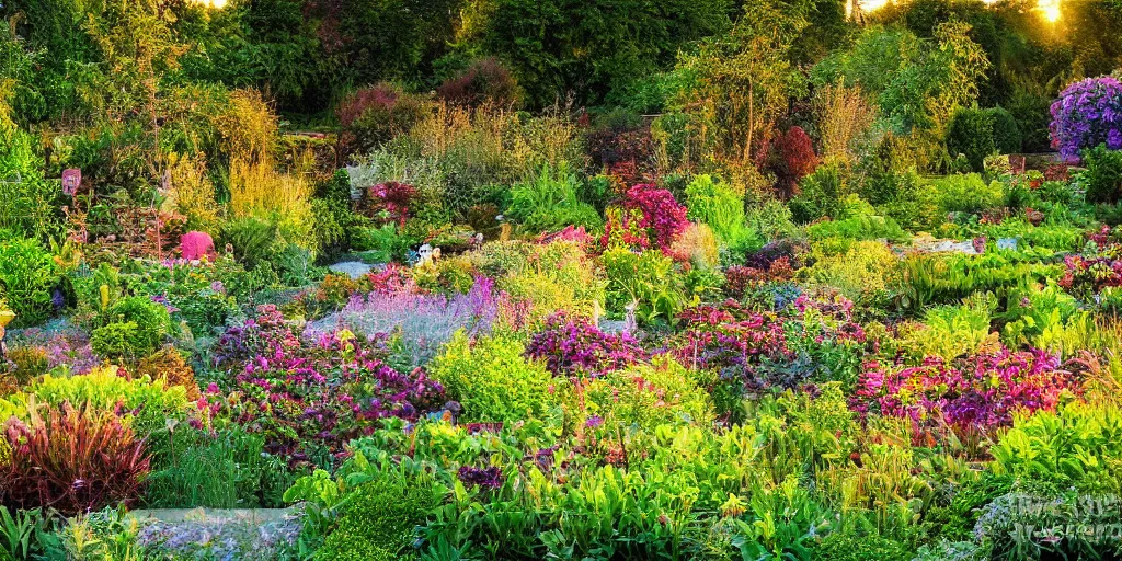 Prompt: the most beautiful garden, award winning photo, very detailed, golden hour