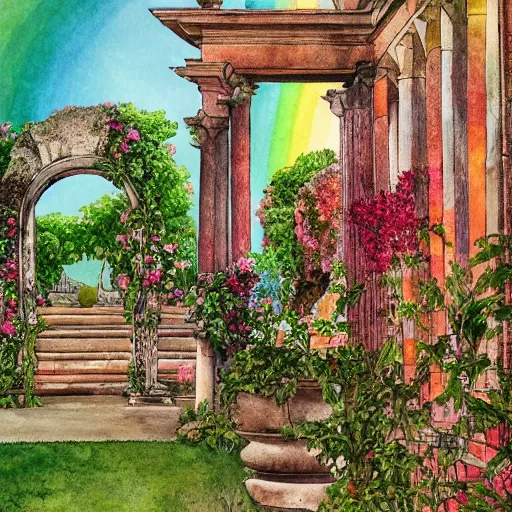 Image similar to delicate garden on paper floating puffy vines old book botanical herbarium botanic watercolors iridescent 8 k wide angle realistic artstation italian rainbow colonnade oak pinecone architecture pompeii