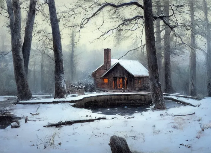 Image similar to oil painting, snow blizzard in woodland meadow, log cabin, smoke billowing from chimney, water stream, water wheel, mystic crooked trees, breeze, detailed art by anders zorn, wonderful masterpiece by greg rutkowski, beautiful cinematic light, american romanticism by greg manchess, creation by tyler edlin