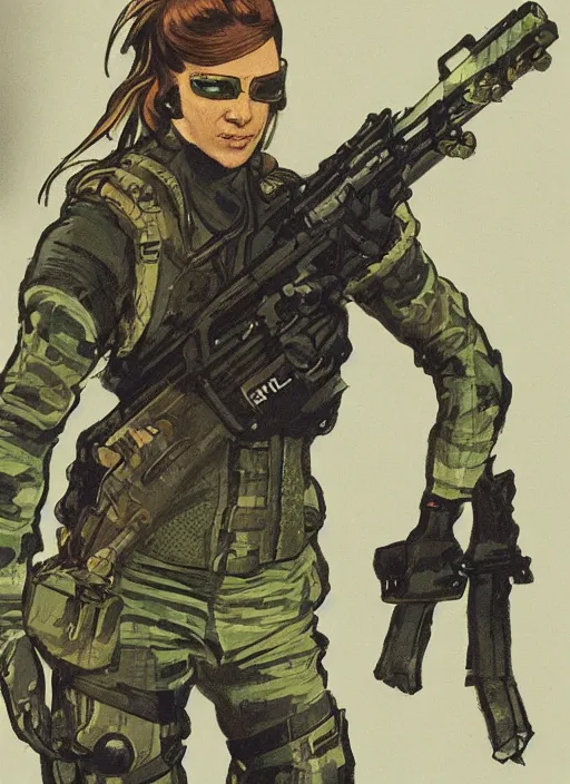 Image similar to Dinah. USN blackops operator emerging from river near shipyard. Agent wearing Futuristic stealth suit. rb6s, MGS, and splinter cell Concept art by James Gurney, Alphonso Mucha. Vivid color scheme.