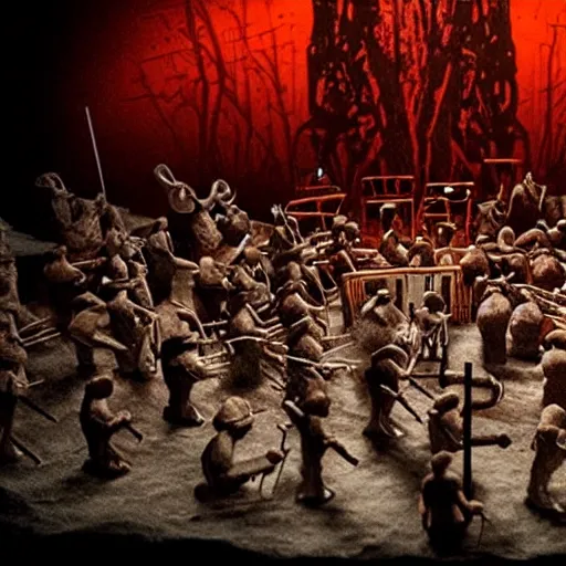 Image similar to the last orchestra, extremely detailed claymation art, extremely realistic, dark, moody, foggy