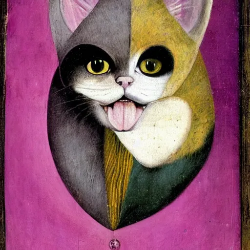 Prompt: portrait of the cat of cheshire bosch with pink and purple striped fur and a huge malicious smile by hieronymus bosch. oil on wood