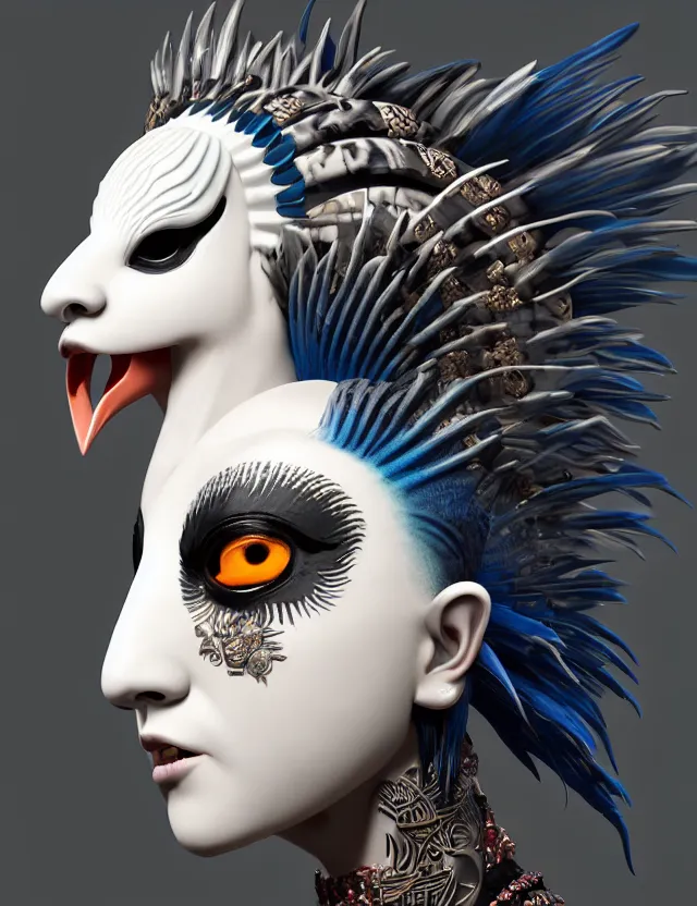 Image similar to 3 d goddess close - up profile simple portrait punk with mohawk with ram skull. beautiful intricately detailed japanese crow kitsune mask and clasical japanese kimono. betta fish, jellyfish phoenix, bio luminescent, plasma, ice, water, wind, creature, artwork by tooth wu and wlop and beeple and greg rutkowski