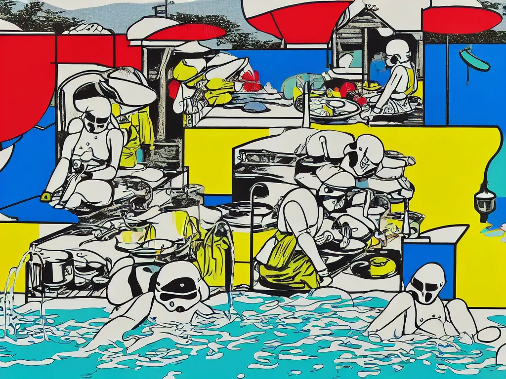 Image similar to hyperrealism composition of the japanese house with a hot springs in the garden, two detailed stormtroopers bathe in a hot spring, pop - art style, jacky tsai style, andy warhol style, roy lichtenstein style, round canvas, acrylic on canvas