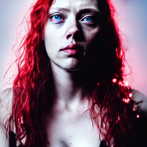 Image similar to Scarlet Johanson, grungy, unkept hair, glowing eyes, modelsociety, radiant skin, huge anime eyes, RTX on, perfect face, directed gaze, intricate, Sony a7R IV, symmetric balance, polarizing filter, Photolab, Lightroom, 4K, Dolby Vision, Photography Award