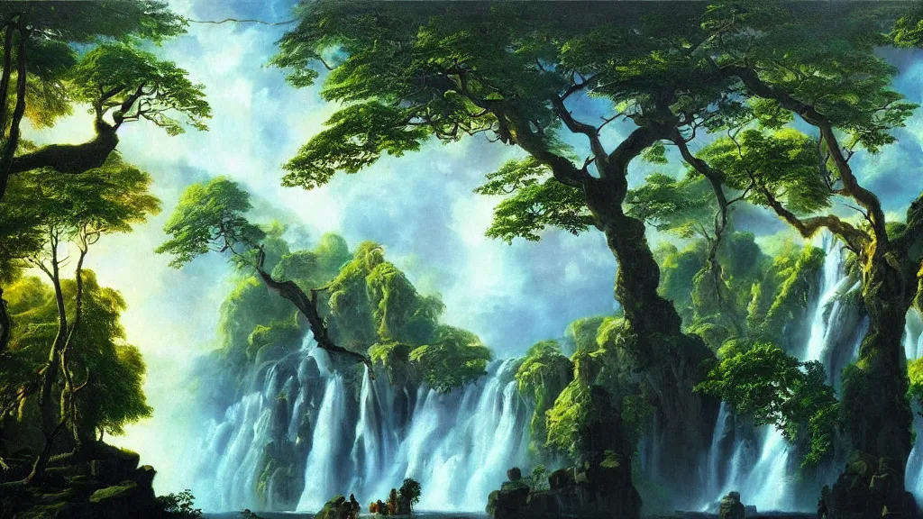 Image similar to the most beautiful panoramic landscape, oil painting, a waterfall creates a rainbow, huge and ancient trees, cinematic lighting, highly detailed, very realistic