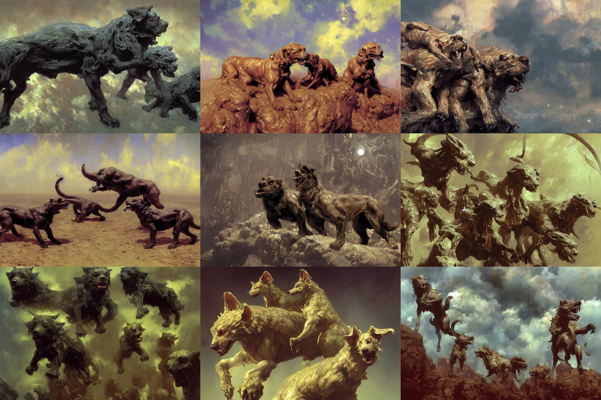 Image similar to hyperdetailed matte art of cerberus by ilya repin, amano, rene magritte, craig mullins