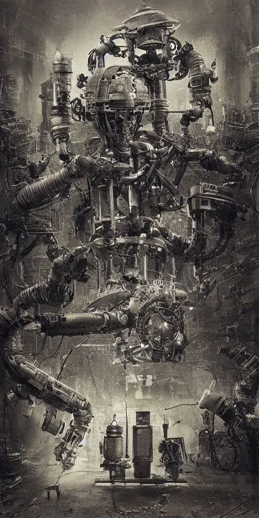 Image similar to old wetplate daguerreotype birth of artificial futuristic robots life, in metropolis, fractal, intricate, elegant, highly detailed, parallax, leica, medium format, subsurface scattering, by jheronimus bosch and greg rutkowski and louis jacques mande daguerre