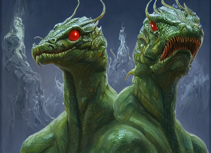 Image similar to hydra of lerna with two heads, one head is lloyd christmas, the other head is harry dunne ( from dumb and dumber ), serpentine water monster, d & d, fantasy, portrait, highly detailed, digital painting, trending on artstation, concept art, sharp focus, illustration, art by artgerm and craig mullins