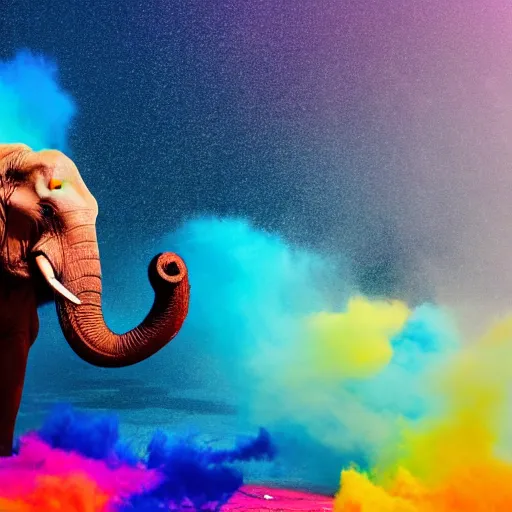 Image similar to photograph of happy elephant covered in bright-colored powder, holi, sharp focus, cinematic lighting, rim lighting, clouds of colored powder flying in the background, enhanced, 4k, hd, flickr