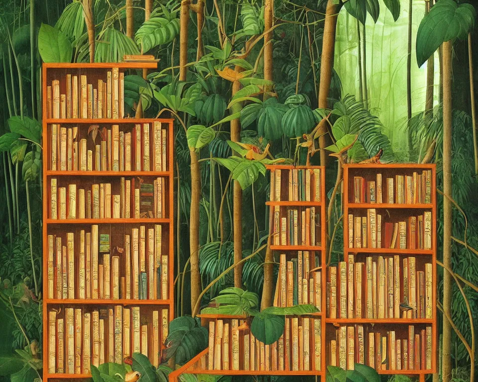 Prompt: a bookshelf in the rainforest by fra angelico. detailed, proportional, romantic, enchanting, achingly beautiful, graphic print, trending on artstation, jungle, tropical, foliage