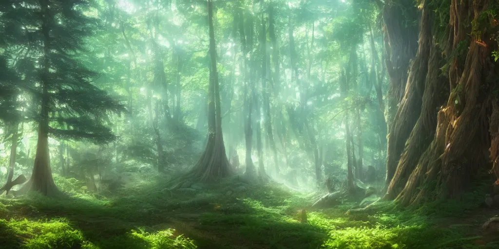 Image similar to a forest, cinematic angle, studio Ghibli, volumetric lighting, intricate, elegant, digital art, artstation, detailed oil painting, hyperrealistic, sharp focus, 8k