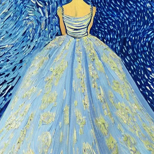 Image similar to A magnificent ball gown with a design inspired by Van Gogh's Starry Night. Studio Lighting