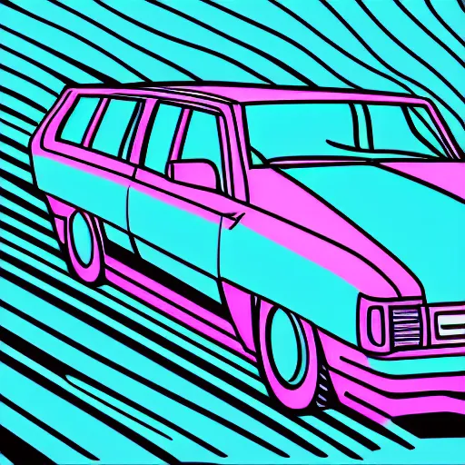 Image similar to vaporwave line art illustration of an 8 0 s station wagon driving during sunset. digits art