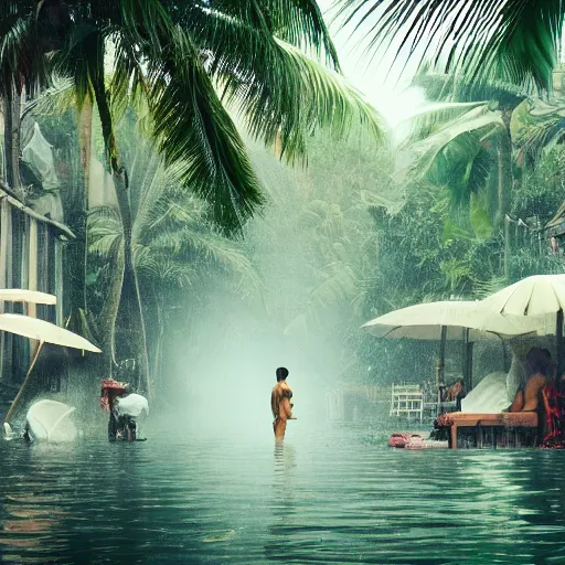 Image similar to monsoon on tropical island, attractive oriental native in white, frontal, ornate, beautiful, atmosphere, vibe, mist, coconuts, rain, wet, pristine, puddles, melting, dripping, snow, creek, lush, ice, bridge, forest, roses, flowers, concept art, luis rollo, ruan jia, steve mccurry, john berkey