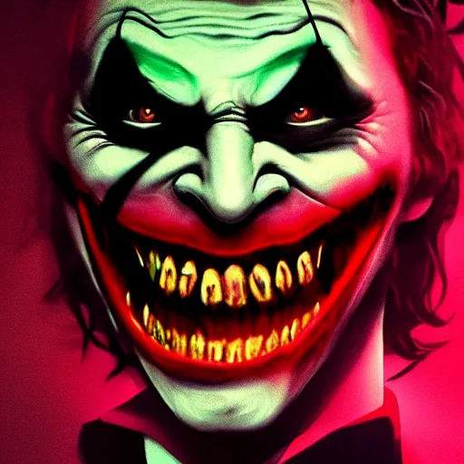 Image similar to joker, smiling, unnatural grin, horror, creepy, smoke, black, dark, glow