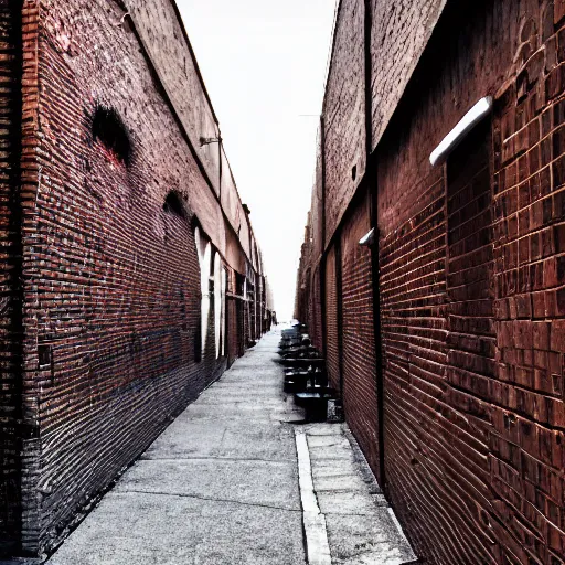 Image similar to Social realism. Alley. The loudspeaker is factory-made. Plastic polymer . Brick pipes of the plant. High definition image.