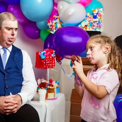 Image similar to prince andrew looking nervous at a children's birthday party, cake, balloons, wide angle, 14mm