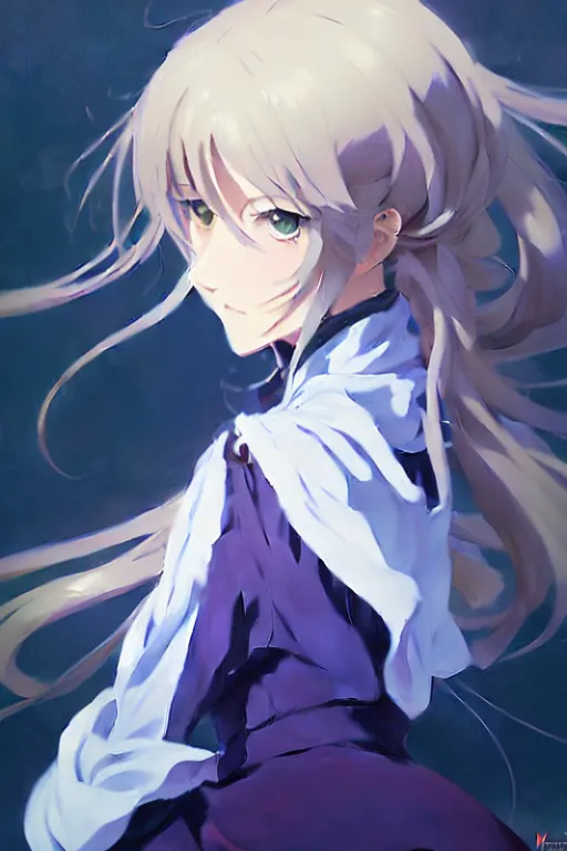 Image similar to greg manchess painting of anime art full body portrait character concept art, anime key visual of violet evergarden, trending on pixiv fanbox, violet evergarden