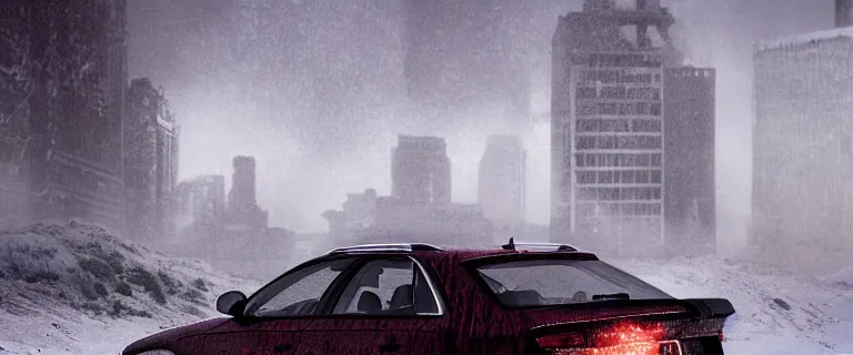 Image similar to Audi A4 B6 Avant (2002), a gritty neo-noir, dramatic lighting, cinematic, eerie person, death, homicide, homicide in the snow, viscera splattered, gunshots, establishing shot, extremely high detail, photorealistic, arson, burning city, cinematic lighting, artstation, by simon stalenhag, Max Payne (PC) (2001) winter New York at night, In the style of Max Payne 1 graphic novel, flashing lights, Poets of the Fall - Late Goodbye