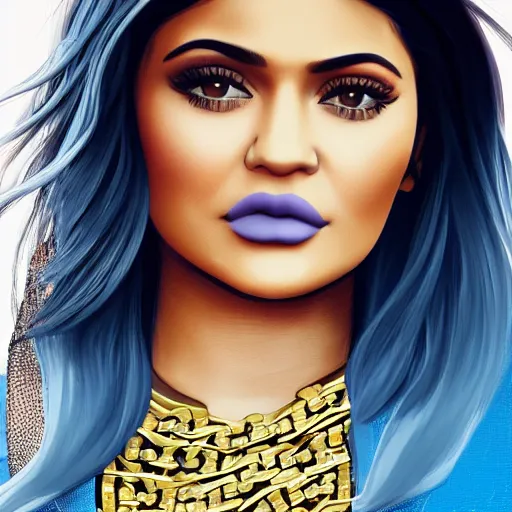 Prompt: Kylie Jenner big bust with aviators on while wearing a blue crop top with cleavage with golden chains around her neck, wide shot, Realistic, 4k Resolution, 8k Resolution, Detailed, Very Detailed, Highly Detailed, HD Quality, Digital Art, Trending on Artstation